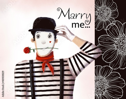 clown mime with red rose valentines card, watercolor style illustration with cartoon character photo