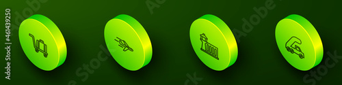 Set Isometric line Trolley baggage, Plane, Airport control tower and Passenger ladder for plane boarding icon. Vector