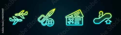 Set line Plane, No scissors, Airline ticket and Escalator up. Glowing neon icon. Vector