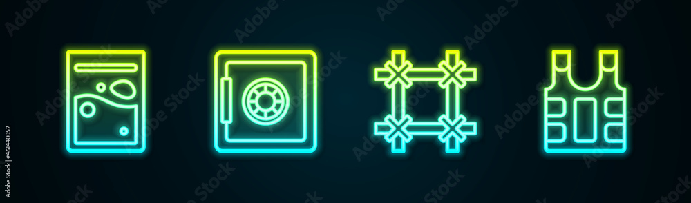 Set line Plastic bag of drug, Safe, Prison window and Bulletproof vest. Glowing neon icon. Vector Set line Plastic bag of drug, Safe, Prison window and Bulletproof vest. Glowing neon icon. Vector