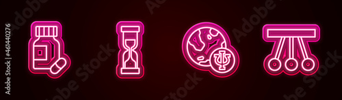 Set line Sedative pills, Old hourglass, Psychology, Psi and Pendulum. Glowing neon icon. Vector