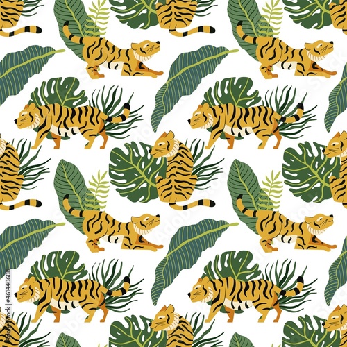 Vector seamless pattern with tigers and tropical leaves on white background. Exotic plants and predator background