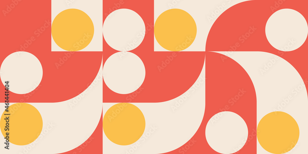 Modern vector abstract geometric background with circles, rectangles and squares in retro scandinavian style. Pastel colored simple shapes graphic pattern. Abstract mosaic artwork.