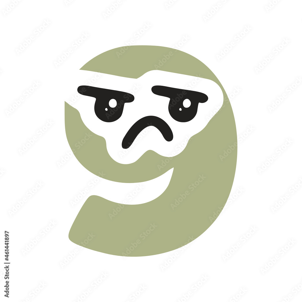 Fototapeta premium Number 9 kawaii character with sad face, vector clipart