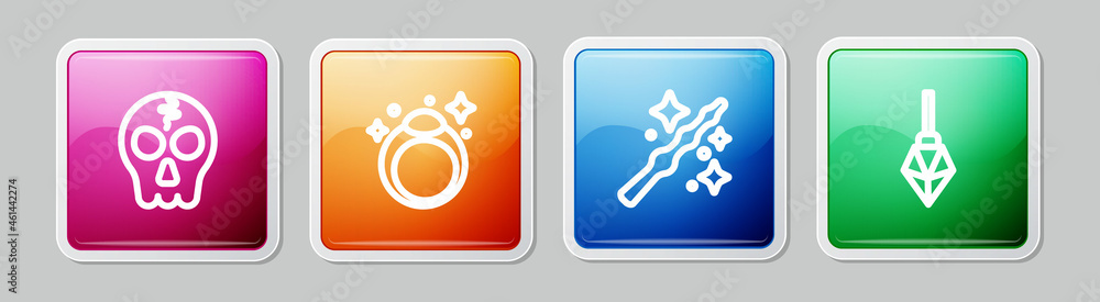 Set line Skull, Magic stone ring, wand and . Colorful square button. Vector