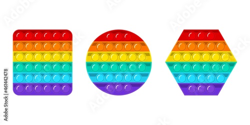 Set of trendy pop it fidgets. Colorful antistress toys. Toys with push bubbles for kids. Sensory fidget in rainbow colors.