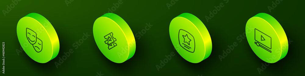 Set Isometric line Comedy and tragedy masks, Cinema ticket, Walk of fame star and Online play video icon. Vector Set Isometric line Comedy and tragedy masks, Cinema ticket, Walk of fame star and Online play video icon. Vector