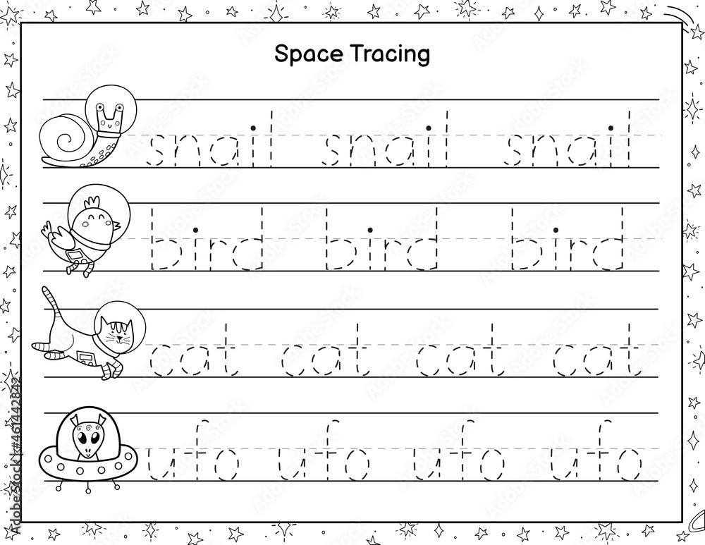 Trace words black and white activity page for kids. Handwriting