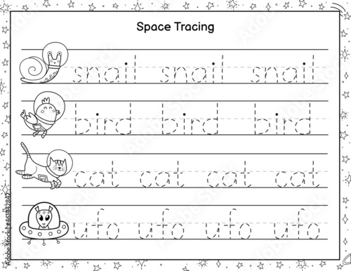 Trace words black and white activity page for kids. Handwriting practice worksheet with funny space characters. Educational coloring page for preschool. Vector illustration