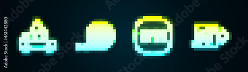 Set line Burning car, Fire hose reel, Emergency call 911 and exit. Glowing neon icon. Vector