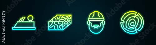 Set line Wood plane tool, Wooden beam, Lumberjack and logs. Glowing neon icon. Vector