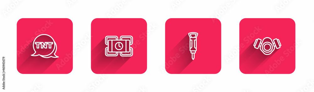 Set line Dynamite, Construction jackhammer and Gas mask with long shadow. Red square button. Vector Set line Dynamite, Construction jackhammer and Gas mask with long shadow. Red square button. Vector