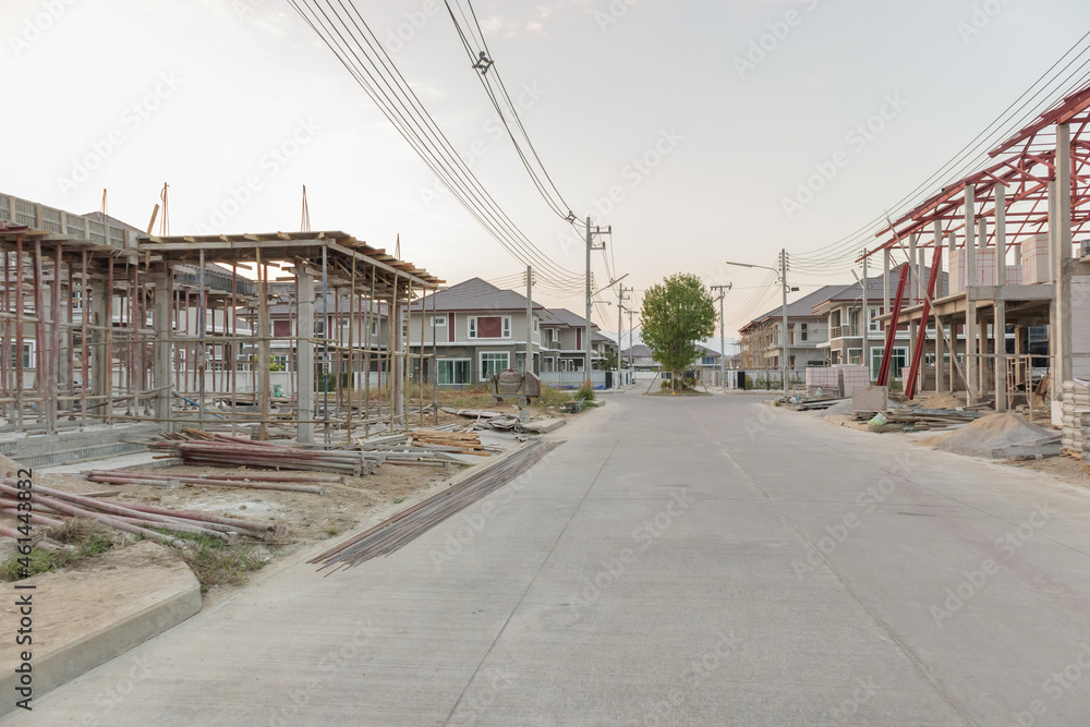 construction residential new house in progress at building site construction residential new house in progress at building site