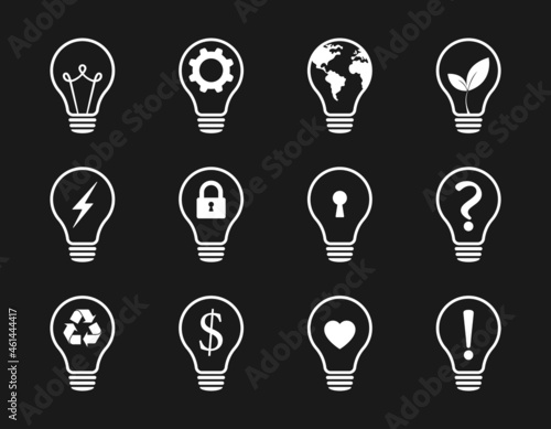 Lamp icons set. Idea lamp icon collection. Flat style on black background.