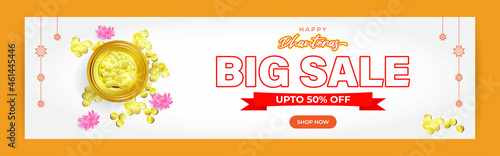 Vector Dhantera Big Sale banner, up to 50% off, lotus, diya, on beautiful bokeh background. Limited offer. assured an gift