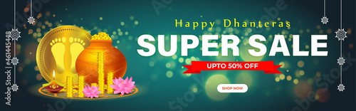 Vector Dhantera Big Sale banner, up to 50% off, lotus, diya, on beautiful bokeh background. Limited offer. assured an gift