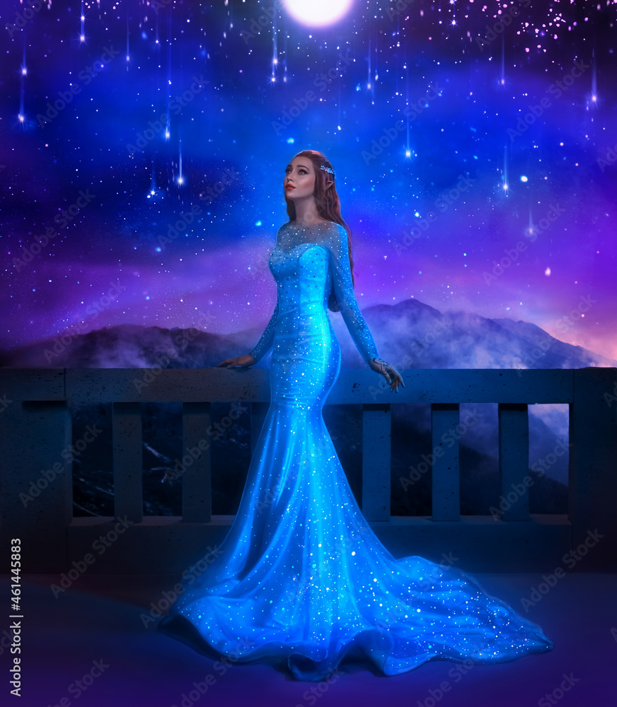 Fantasy woman princess stands on balcony looks at night sky space