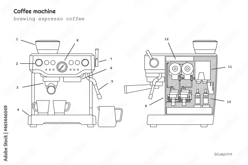 Espresso coffee machine blueprint. Outline drawing of coffeemaker