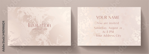 Invitation card with luxury abstract paint texture. Pink gold premium background template for invite design, prestigious Gift card, voucher or luxe name card