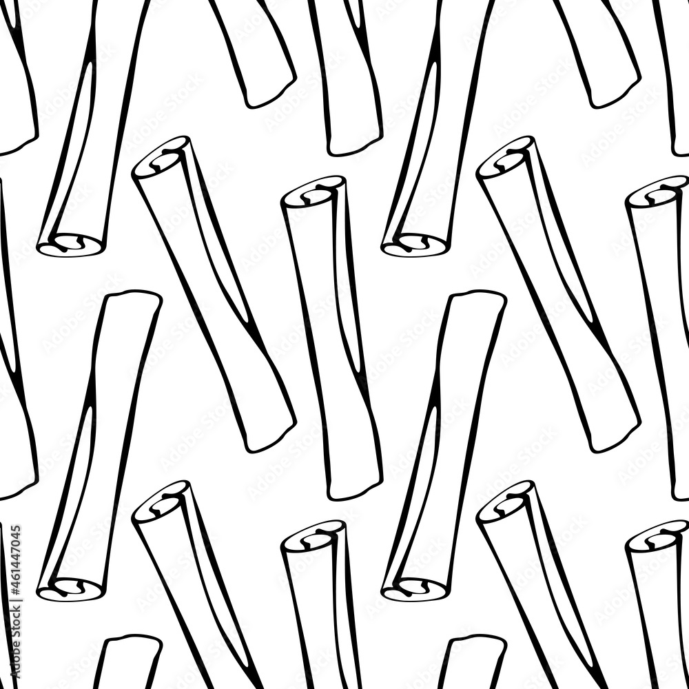 Naklejka premium Vector seamless pattern of contour cinnamon stick in doodle style. Background or texture with seasoning, spice, ingredient for baking, hot drinks, aromatherapy, cooking