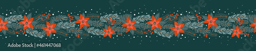 Cute hand drawn seamless Christmas garland with fir and flowers, repeat border, great for cards, invitations, textiles, banners, wallpapers - vector design