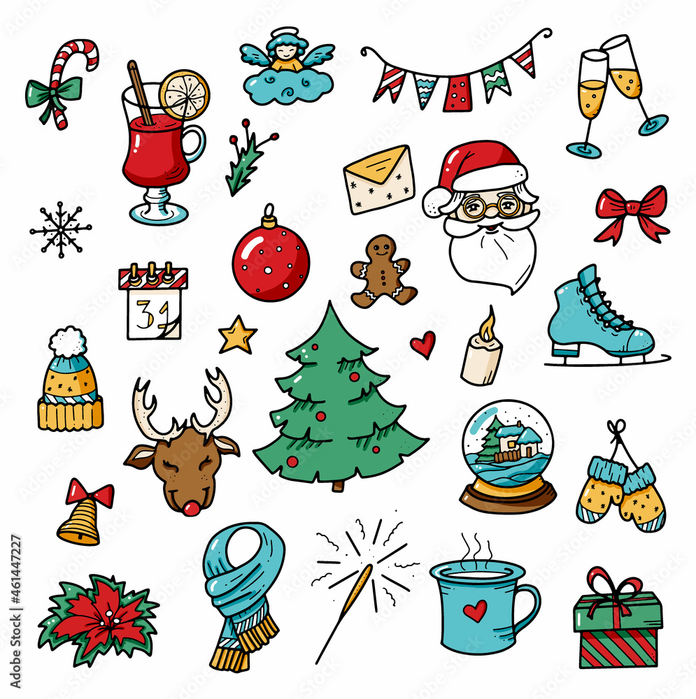 Christmas and Winter Doodles Elements. Colored vector elements for Christmas.