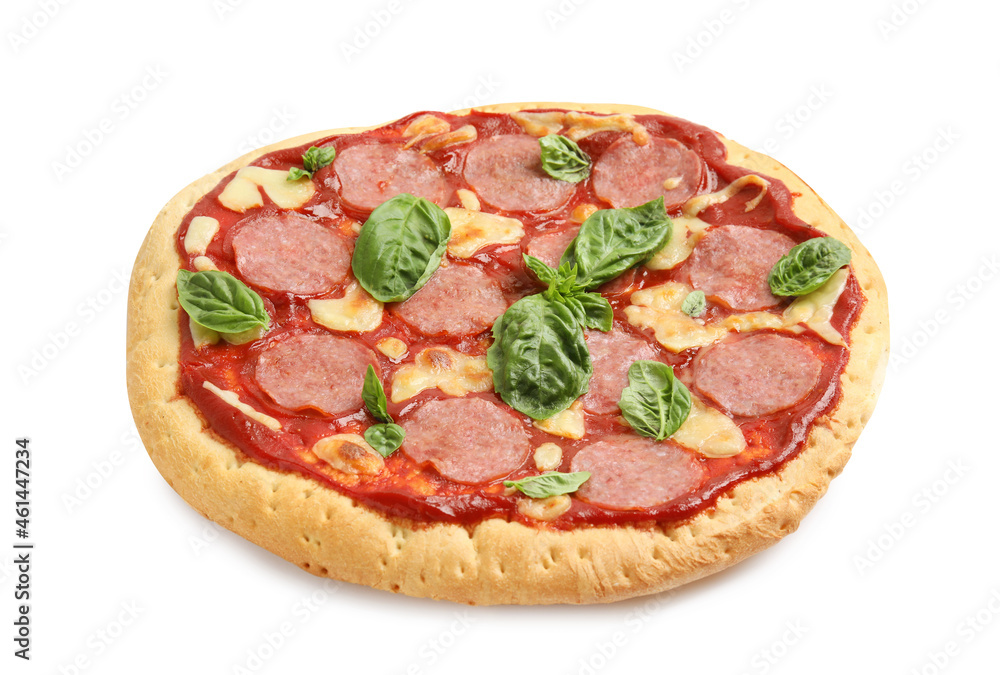 Pita pizza with pepperoni, cheese and basil isolated on white Pita pizza with pepperoni, cheese and basil isolated on white