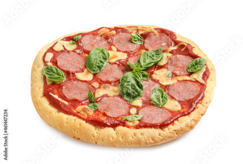 Pita pizza with pepperoni, cheese and basil isolated on white