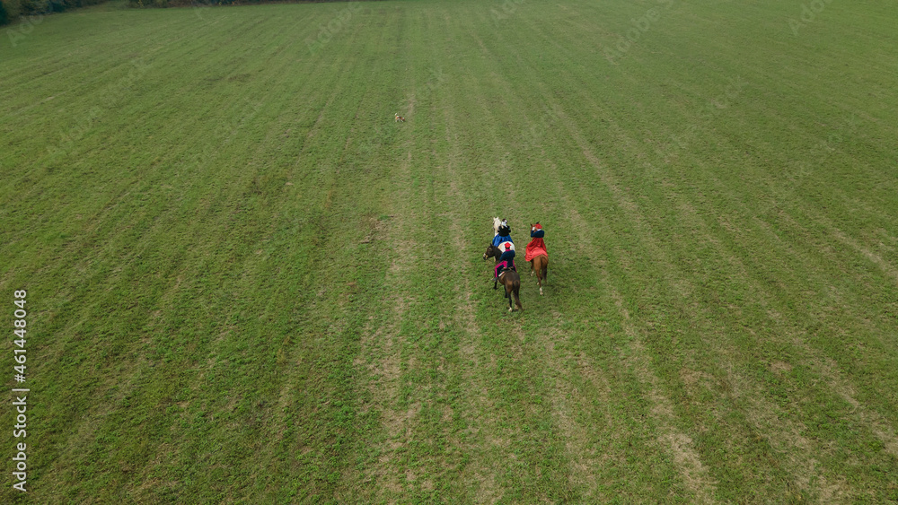 Aerial view of group of fox hunters on the horses in the autumn field. Equestrian riding sport in a countryside. Aerial view of group of fox hunters on the horses in the autumn field. Equestrian riding sport in a countryside.