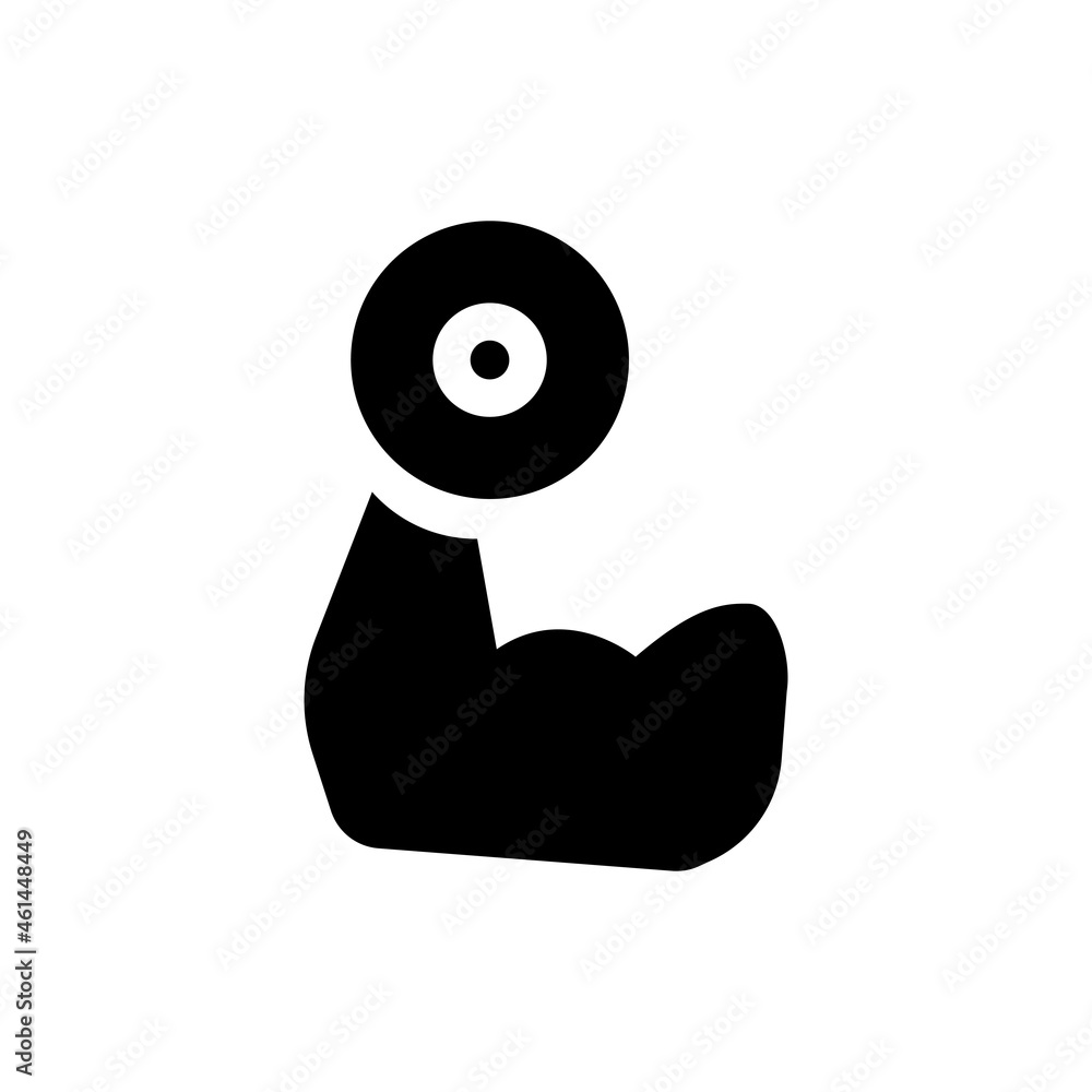 Body Building icon. Logo single muscle with dumbbell. Thin outline flat style design in solid black. Gym concept. Creative strong muscular illustration for web, app, software, ui, ux. Vector EPS 10 Body Building icon. Logo single muscle with dumbbell. Thin outline flat style design in solid black. Gym concept. Creative strong muscular illustration for web, app, software, ui, ux. Vector EPS 10