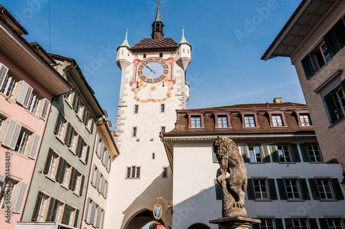 Baden, Stadtturm, Altstadt, Wehrturm, Löwenbrunnen, Altstadthäuser, Stadt, Limmattal, Aargau, Sommer, Schweiz photo