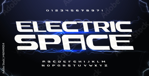 Electric space typeset. Flash lightning font for hud interface letters, VR game, cinema and music cover headline or logo, auto and science typography. Bold italic alphabet, vector typographic design photo