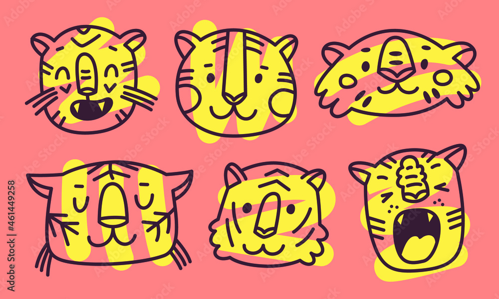 Cartoon illustration with heads of wild cats. Vector icons with tigers