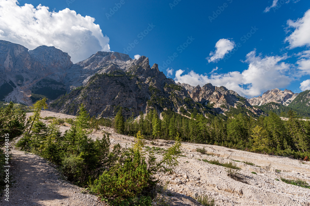Mountain range of Croda del Becco or Seekofel in front of the Pragser Wildsee or Lake Braies, Dolomites, Fanes-Senes-Braies nature park, South Tyrol, Trentino-Alto Adige, Bolzano, Italy, Europe. Mountain range of Croda del Becco or Seekofel in front of the Pragser Wildsee or Lake Braies, Dolomites, Fanes-Senes-Braies nature park, South Tyrol, Trentino-Alto Adige, Bolzano, Italy, Europe.