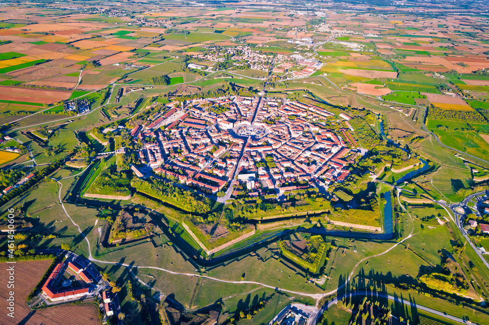 Town of Palmanova defense walls and trenches aerial view