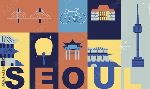 Seoul culture travel night set, famous architects, and specialties detailed silhouette. Korea's famous landmark, delicious dishes recommended for tourists. Trendy vector illustration, flat art design