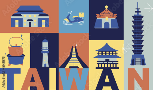 Taiwan culture travel set, famous architectures and specialties in flat design. Business travel and tourism concept isolated on white background.  Image for presentation, banner, website, app, advert.