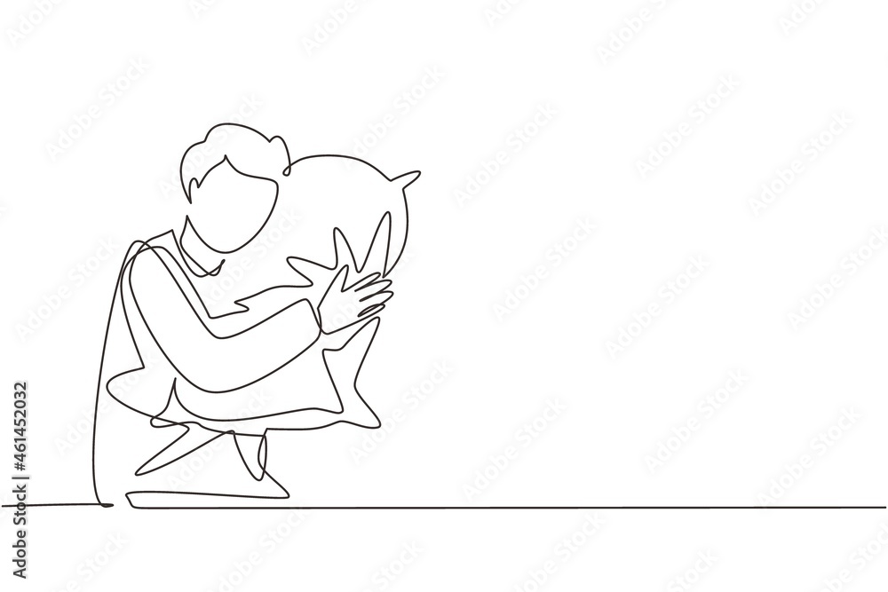 Continuous one line drawing man sleeping and hugging pillow. Sideways sleep position with no bed, young guy lying on his side propped on cushion. Single line draw design vector graphic illustration