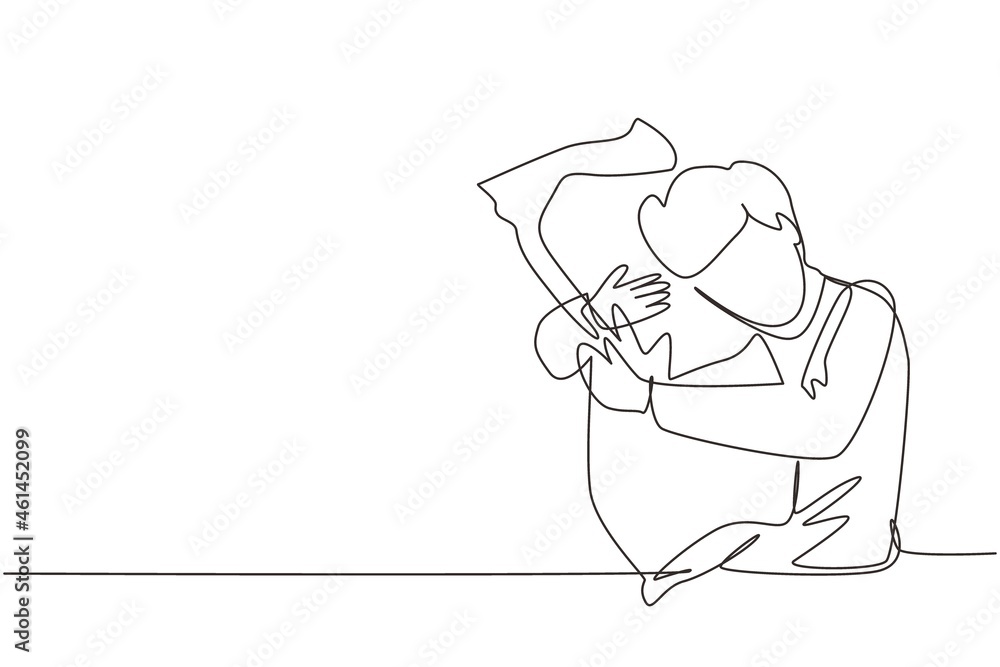 Single continuous line drawing male sleeping while hugging pillow. Activities of people. Sweet dream or sleep concept. Man took sleeping pill for insomnia. One line draw design vector illustration Single continuous line drawing male sleeping while hugging pillow. Activities of people. Sweet dream or sleep concept. Man took sleeping pill for insomnia. One line draw design vector illustration