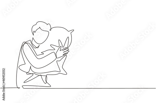 Continuous one line drawing man sleeping and hugging pillow. Sideways sleep position with no bed, young guy lying on his side propped on cushion. Single line draw design vector graphic illustration