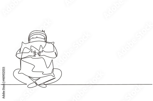 Single continuous line drawing little boy holding pillow ready to sleep. Happy child wearing pajamas going to bed. He has a good night and sweet dream. One line draw graphic design vector illustration