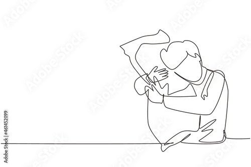 Single continuous line drawing male sleeping while hugging pillow. Activities of people. Sweet dream or sleep concept. Man took sleeping pill for insomnia. One line draw design vector illustration
