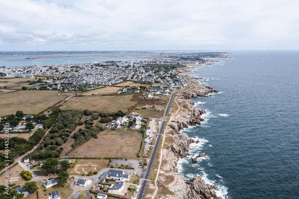 Landscape of the ocean and rocky coast in France, viewed from a drone.