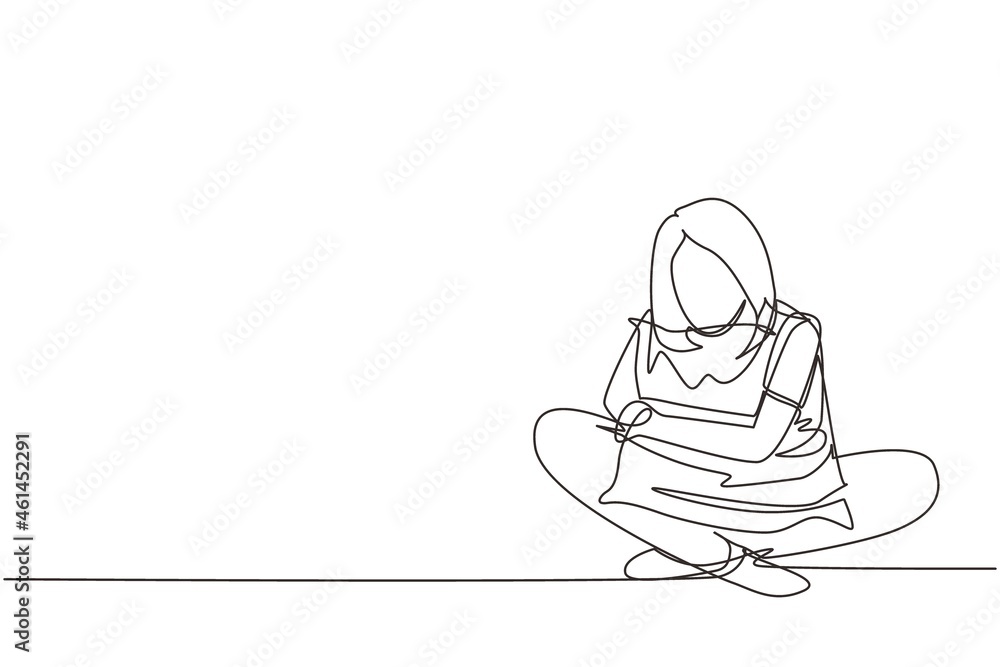 Single one line drawing woman sitting and hugging pillow with warm feeling. Stay at home campaign. Corona virus prevention. Relaxing and time to sleep. Continuous line draw design vector illustration