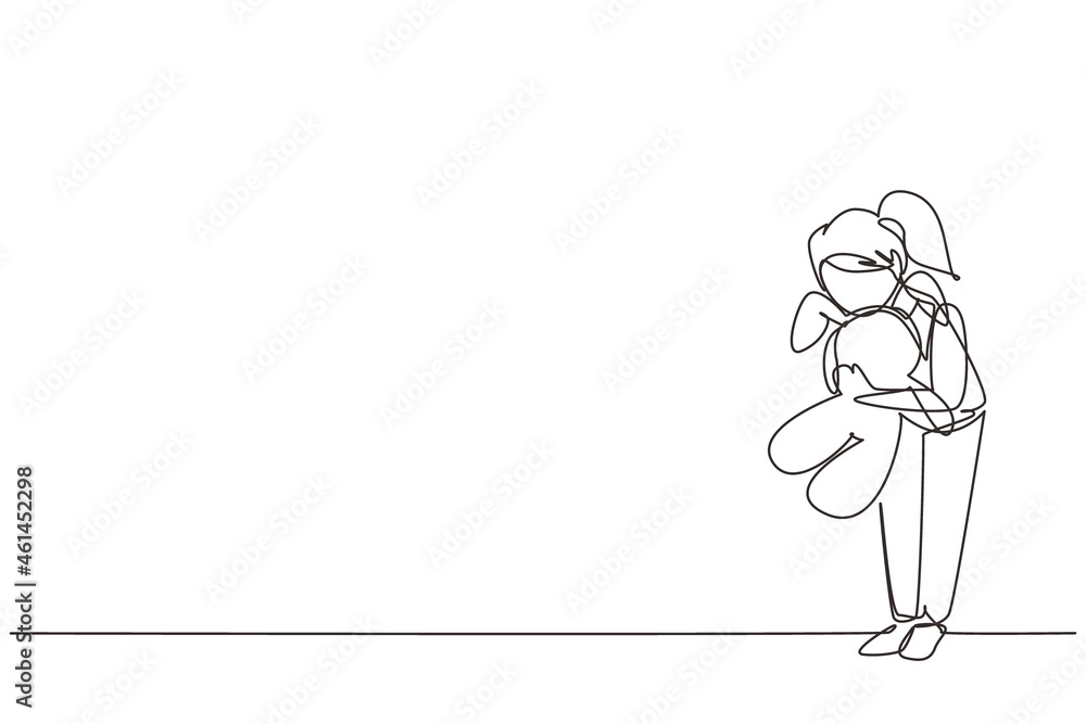 Continuous one line drawing sweet little girl is hugging teddy bear. Little kids playing with teddy bear doll. Childhood, toys and shopping concept. Single line draw design vector graphic illustration Continuous one line drawing sweet little girl is hugging teddy bear. Little kids playing with teddy bear doll. Childhood, toys and shopping concept. Single line draw design vector graphic illustration
