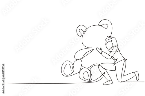 Single continuous line drawing young beautiful girl hugging big huge teddy bear soft toy happy smiling. Young female hugging teddy bear stuffed animal. One line draw graphic design vector illustration