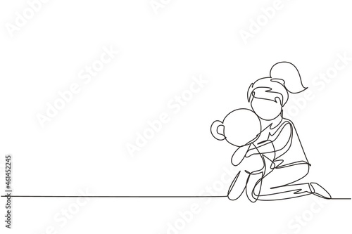 Single one line drawing little girl kid holding and hugging teddy bear doll. Early childhood development, child playing, happy children day. Continuous line draw design graphic vector illustration