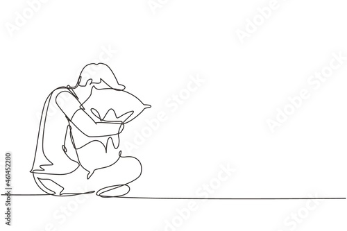 Single continuous line drawing man sitting and hugging pillow. Sleeping young male hugs or holding pillow or overslept to work. Sweet dream or sleep concept. One line draw design vector illustration