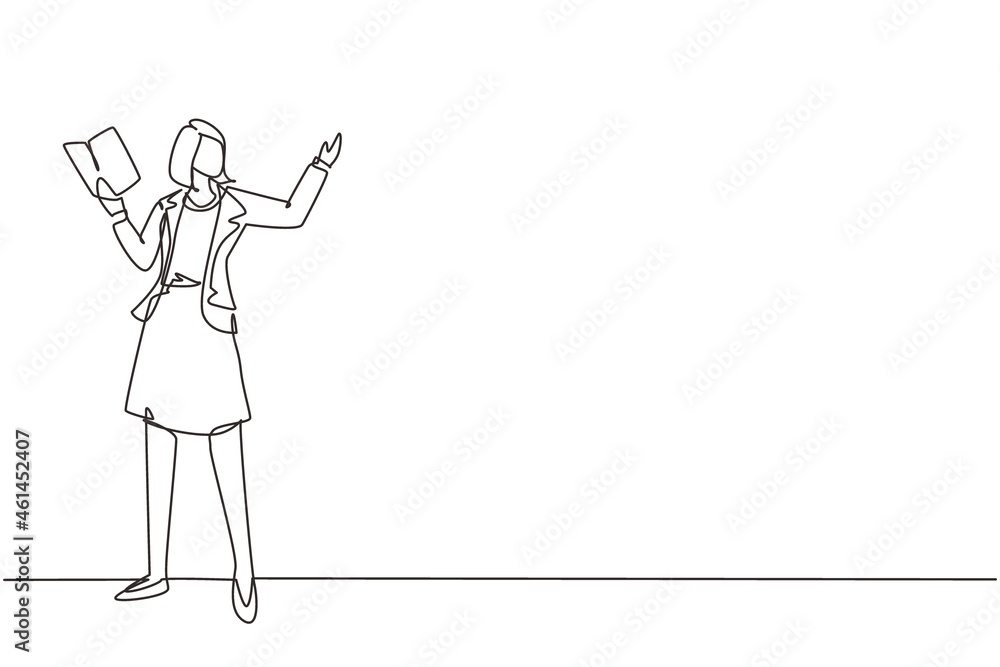 Single continuous line drawing woman teacher teaching lesson in front classroom with open book. College class of university teacher teach. Female teaching. One line draw design vector illustration Single continuous line drawing woman teacher teaching lesson in front classroom with open book. College class of university teacher teach. Female teaching. One line draw design vector illustration