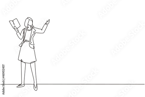 Single continuous line drawing woman teacher teaching lesson in front classroom with open book. College class of university teacher teach. Female teaching. One line draw design vector illustration